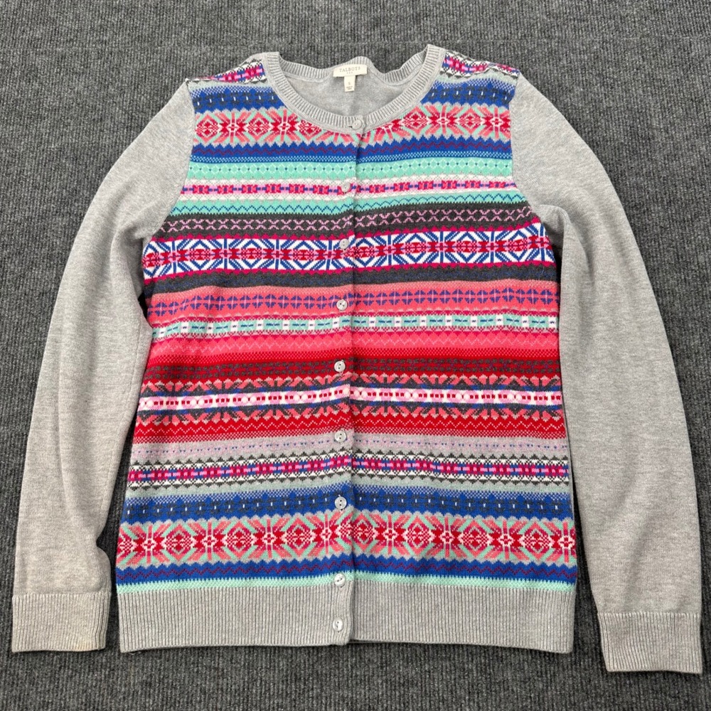 Talbots Fair Isle Cardigan Sweater Womens S Knit Gray Multi Casual Nordic